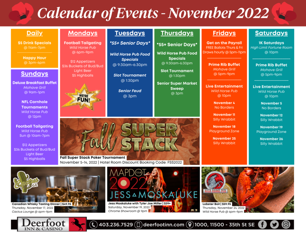 Deerfoot Inn & Casino Event Calendar for November 2022